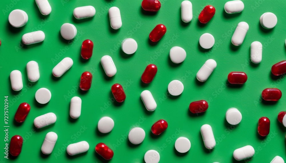 A bunch of pills on a green background A bunch of pills on a green background