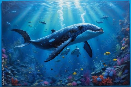 a vast and mysterious underwater world. At an astonishing depth of a thousand meters  majestically graceful whales glide through the deep sea. Generative Ai