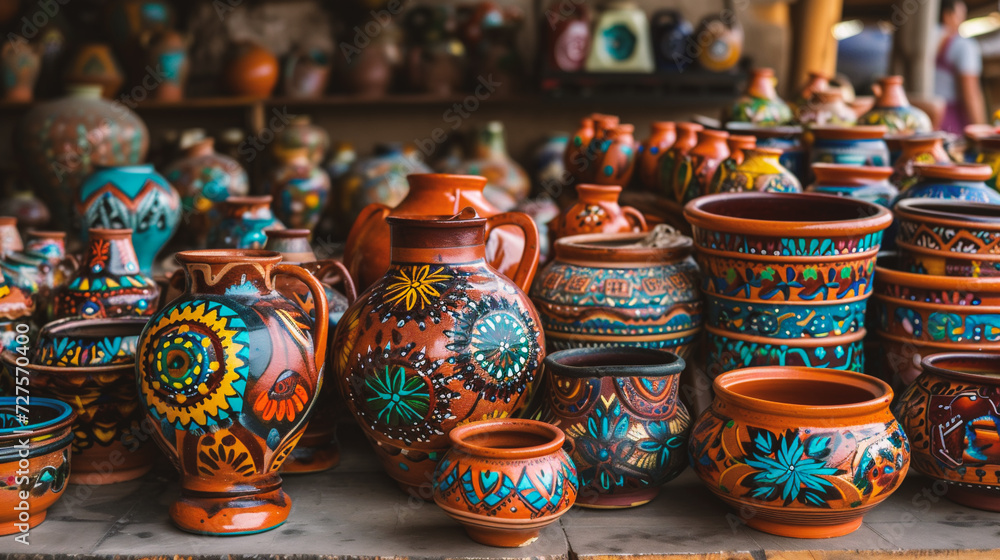 Colorful clay pottery on display at the local market Colorful clay pottery on display at the local market
