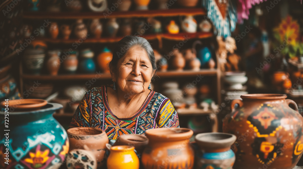 Portrait of a smiling senior woman selling pottery in the market