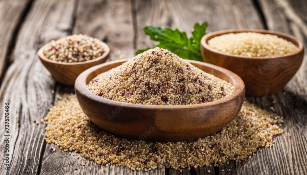 A wooden table with three bowls of grains A wooden table with three bowls of grains