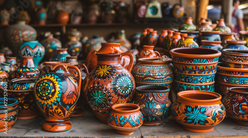 Colorful clay pottery on display at the local market