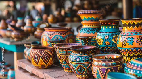 Colorful clay pottery on display at the local market