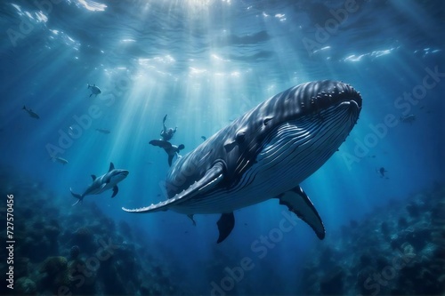 a vast and mysterious underwater worl. At an astonishing depth of a thousand meters, majestically graceful whales glide through the deep sea © Maftuh