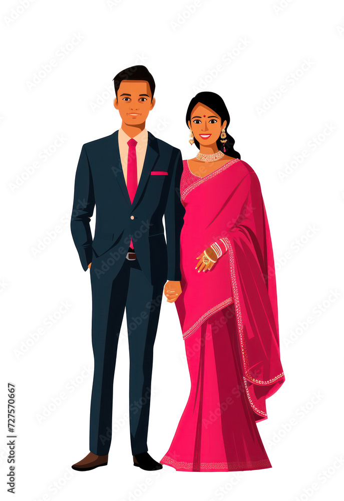 Indian wedding couple, suit and sari attire isolated on transparent background