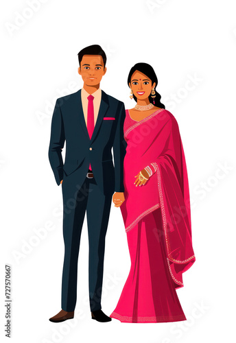 Indian wedding couple, suit and sari attire isolated on transparent background