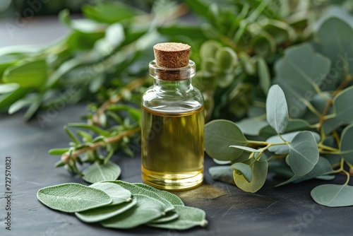 Eucalyptus Essential Oil in Glass Bottle with Fresh Leaves