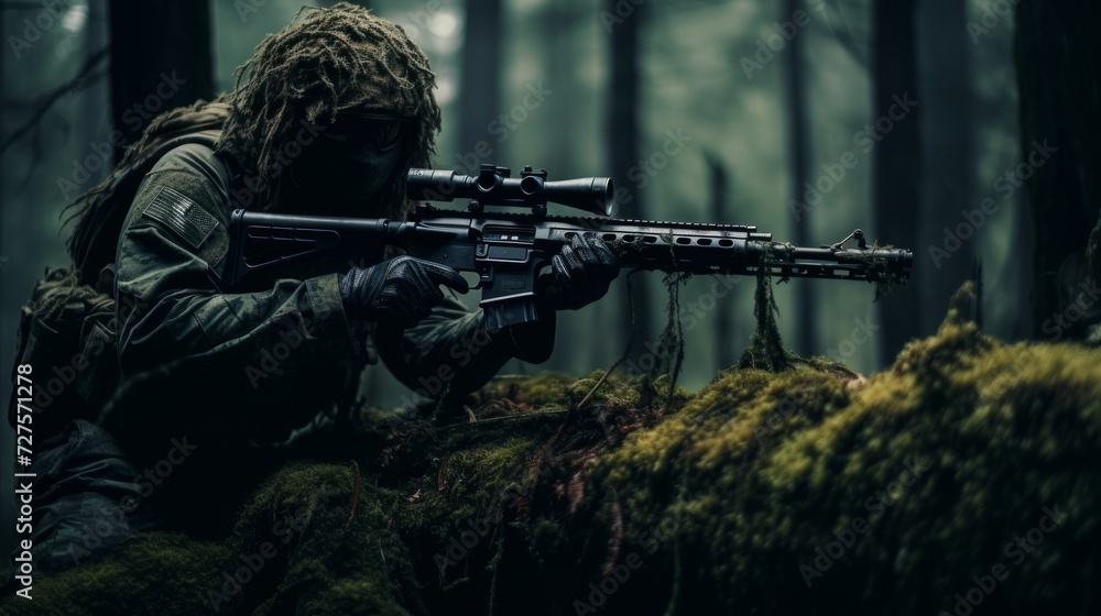 Sniper in the forest. Neural network AI generated art Sniper in the forest. Neural network AI generated art
