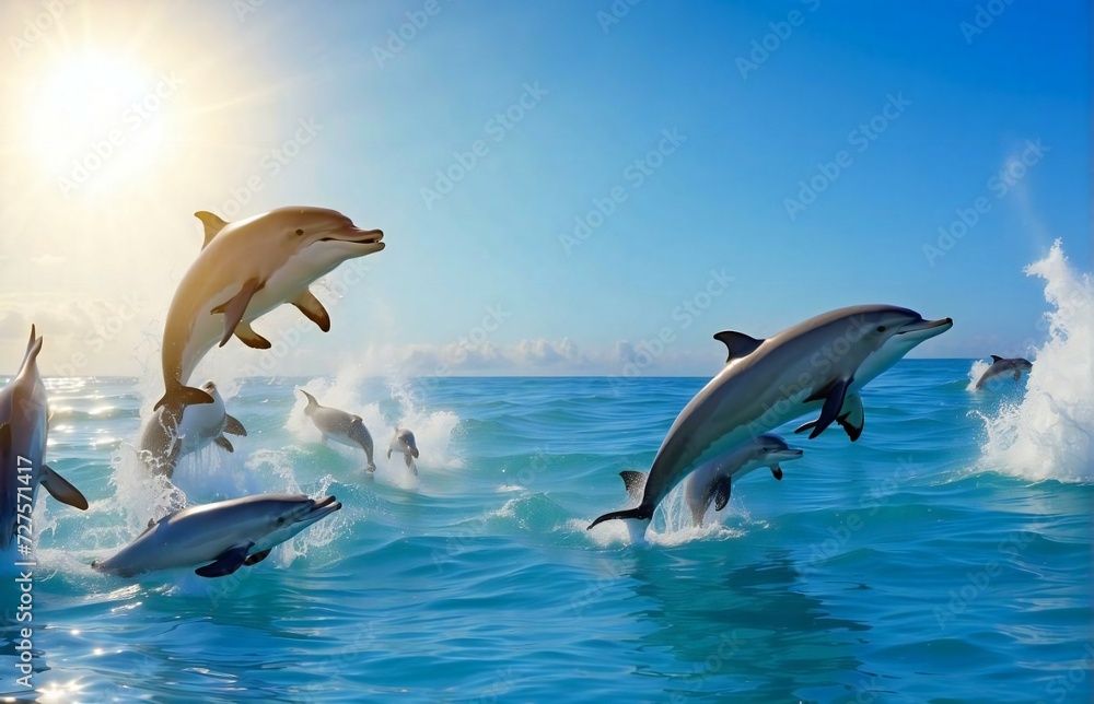 Fototapeta premium group of dolphins jumping in the sea, in the afternoon sun