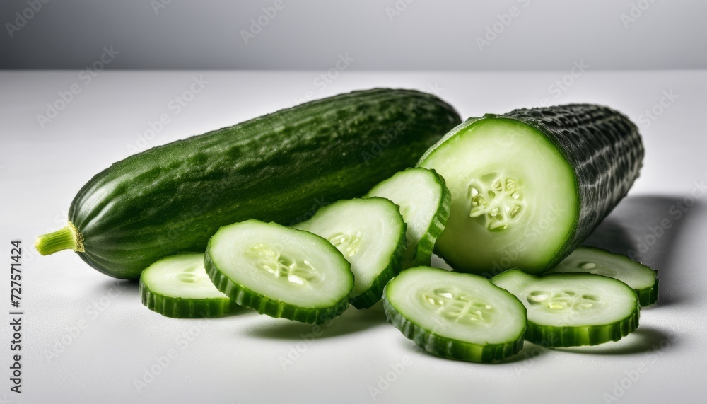 A bunch of sliced cucumbers on a white background A bunch of sliced cucumbers on a white background