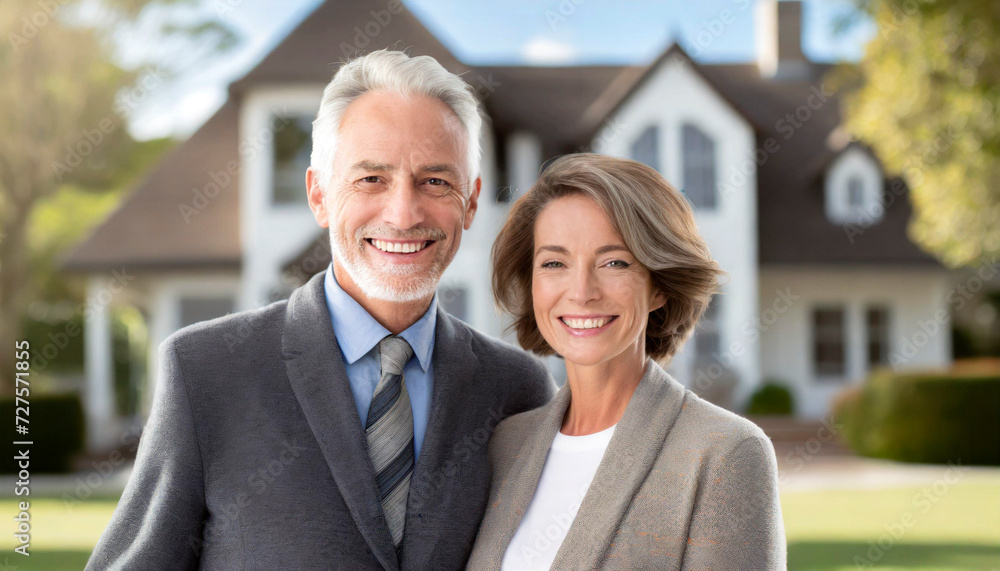 Mature couple in front of their new house smiling at the camera. Buying new house real estate concept Mature couple in front of their new house smiling at the camera. Buying new house real estate concept