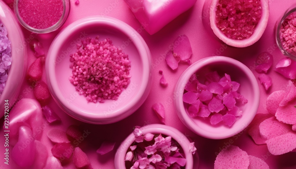 Obraz premium A pink background with various bowls of pink and purple sugar