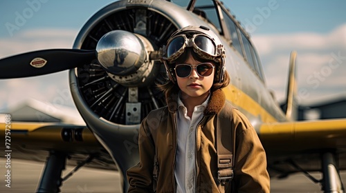 A boy in a flight suit standing in front of an aircraft at midday