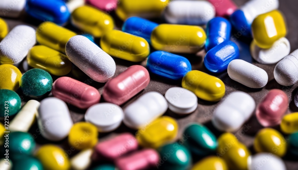 A pile of colorful pills on a table A pile of colorful pills on a table