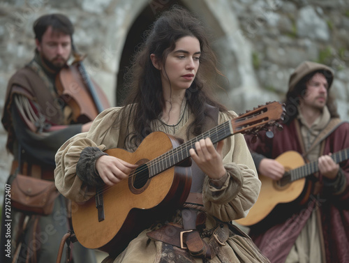 Medieval Minstrels Playing Lutes in Historical Reenactment