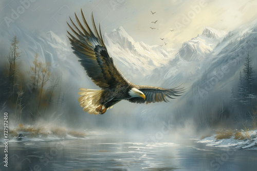 Majestic Eagle Flight over Misty Mountain Lake