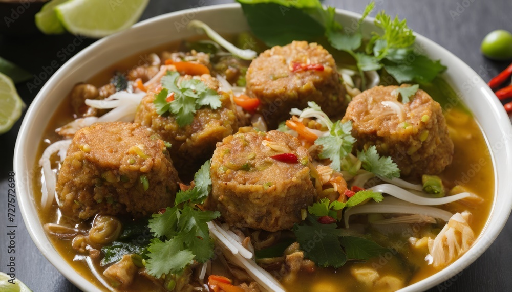 A bowl of soup with meatballs and noodles A bowl of soup with meatballs and noodles