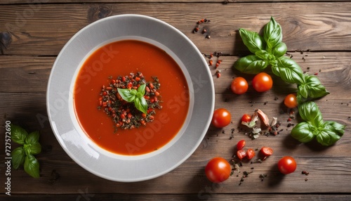 A bowl of soup with tomatoes and basil on a wooden table
