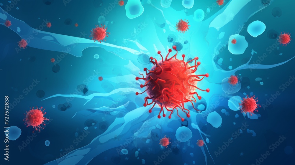 Coronavirus cells floating on a blue background. Neural network AI generated art Coronavirus cells floating on a blue background. Neural network AI generated art