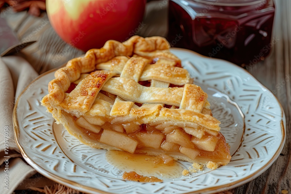 Plate with a slice of baked apple pie. Plate with a slice of baked apple pie.