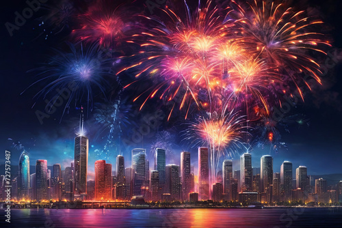 Spectacular fireworks. Vibrant display illuminates cityscape, creating a mesmerizing scene. Perfect for celebration-themed projects.