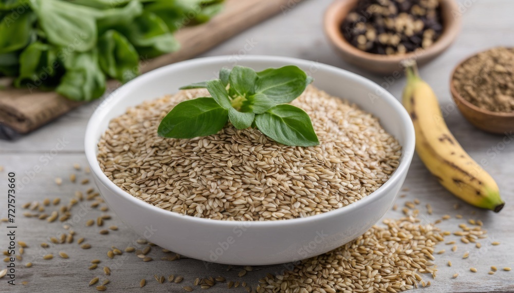 A bowl of seeds with a plant on top A bowl of seeds with a plant on top