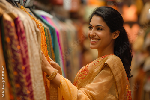 indian woman shopping in the indian clothes shop bokeh style background photo