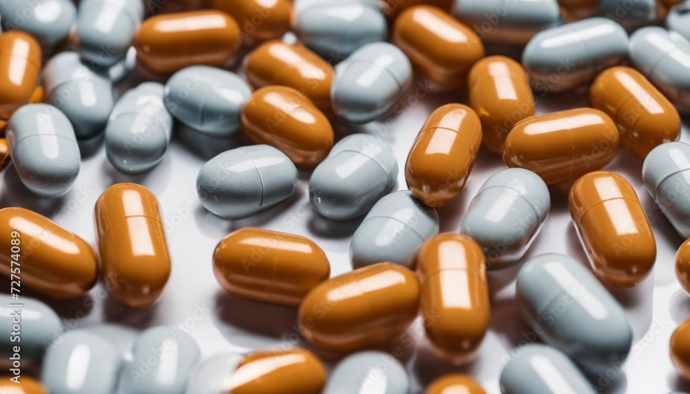 A pile of orange and white pills on a white surface A pile of orange and white pills on a white surface