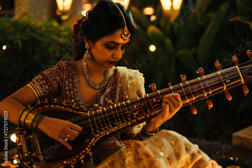 female indian sitar musician bokeh style background