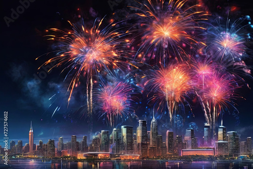 Spectacular fireworks. Vibrant display illuminates cityscape, creating a mesmerizing scene. Perfect for celebration-themed projects.