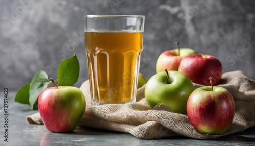 A glass of tea with apples on a table