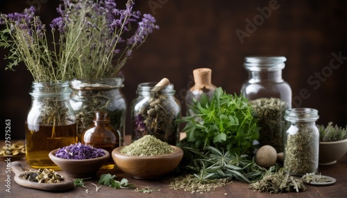 Various herbs and spices in jars and bowls