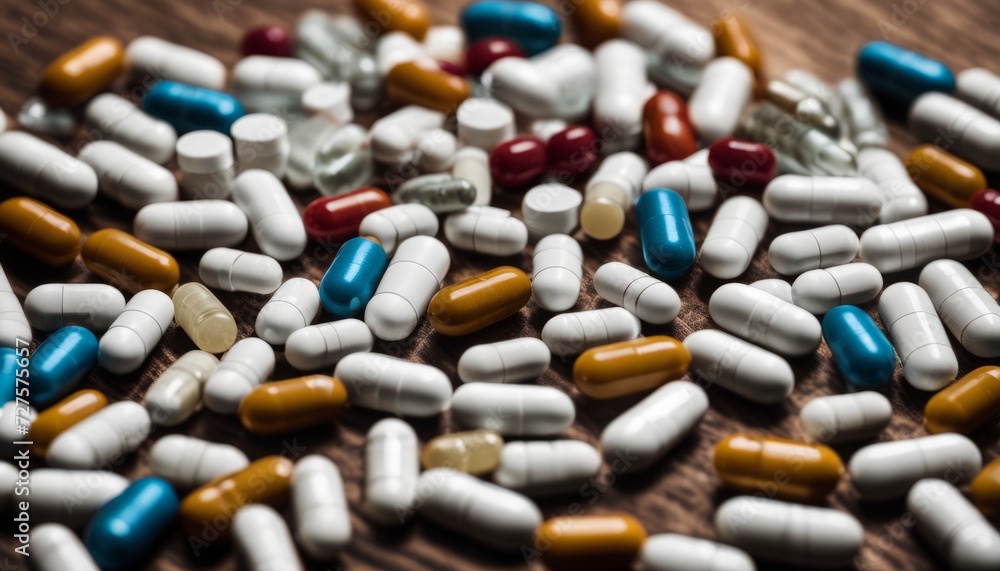 A pile of different colored pills on a table A pile of different colored pills on a table