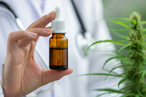 the doctor holding cbd oil bokeh style background