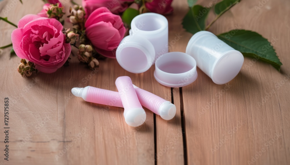 A pink rose next to a bunch of pink and white items A pink rose next to a bunch of pink and white items