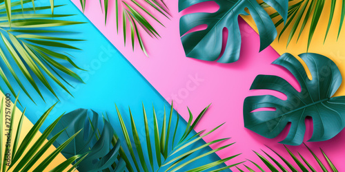 Top view Colorful palm leaves tropical background, Minimal fashion summer concept. Flat lay