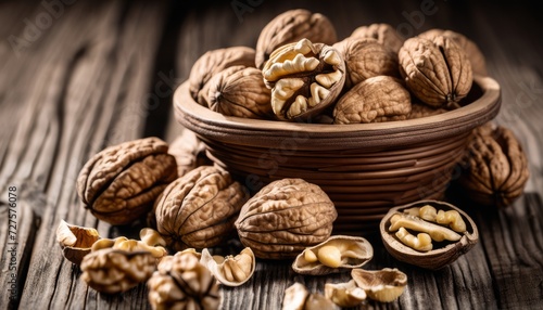 A wooden table with a bowl of walnuts and some walnuts on the table