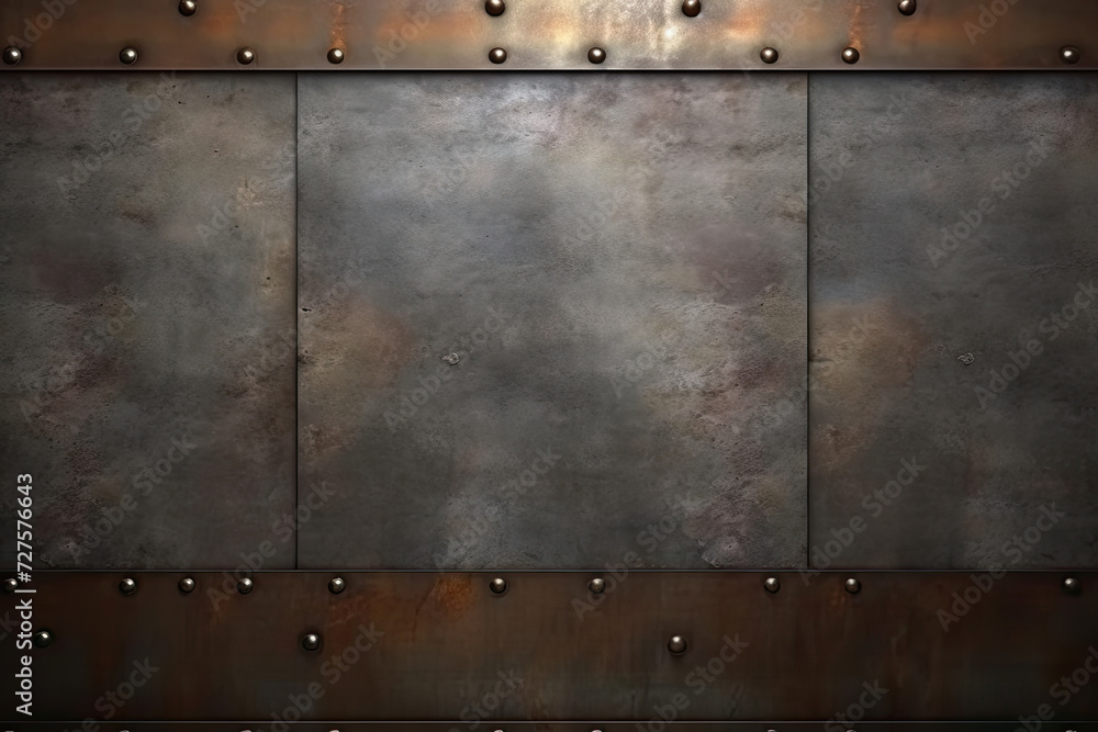 Fototapeta premium Close up of metal plate with rivets, suitable for industrial or construction concepts in design, manufacturing, or engineering visuals.. old rusty metal background
