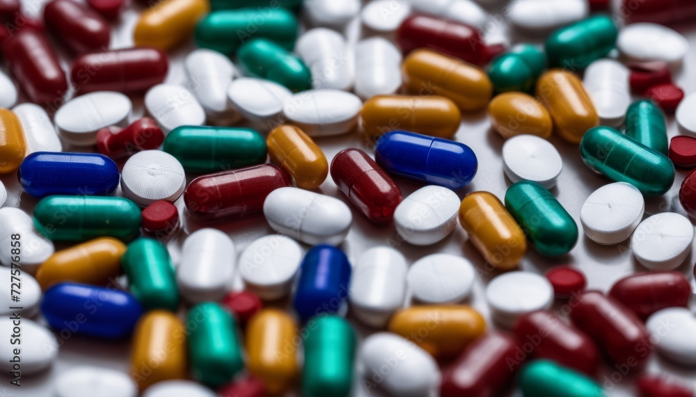 A pile of different colored pills on a white background
