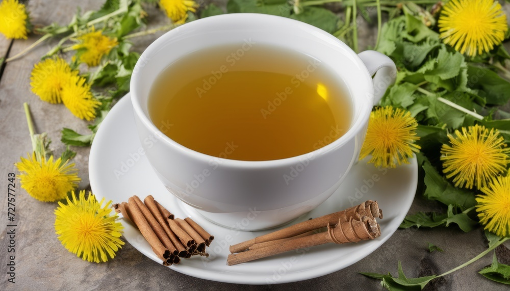 A cup of tea with cinnamon and yellow flowers A cup of tea with cinnamon and yellow flowers