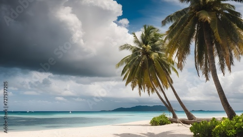White sailboat and coconut trees with a view of a sandy tropical beach in the afternoon with a cloudy sky. No people. AI Generative. Holiday concept.