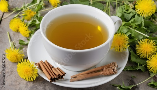 A cup of tea with cinnamon and yellow flowers