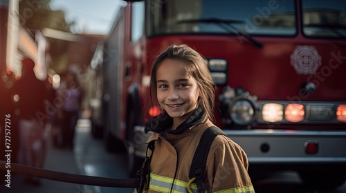Smiling girl wearing a firefighter uniform © tydeline