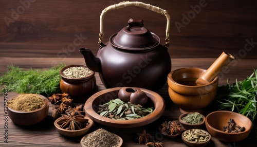 A wooden table with various spices and tea