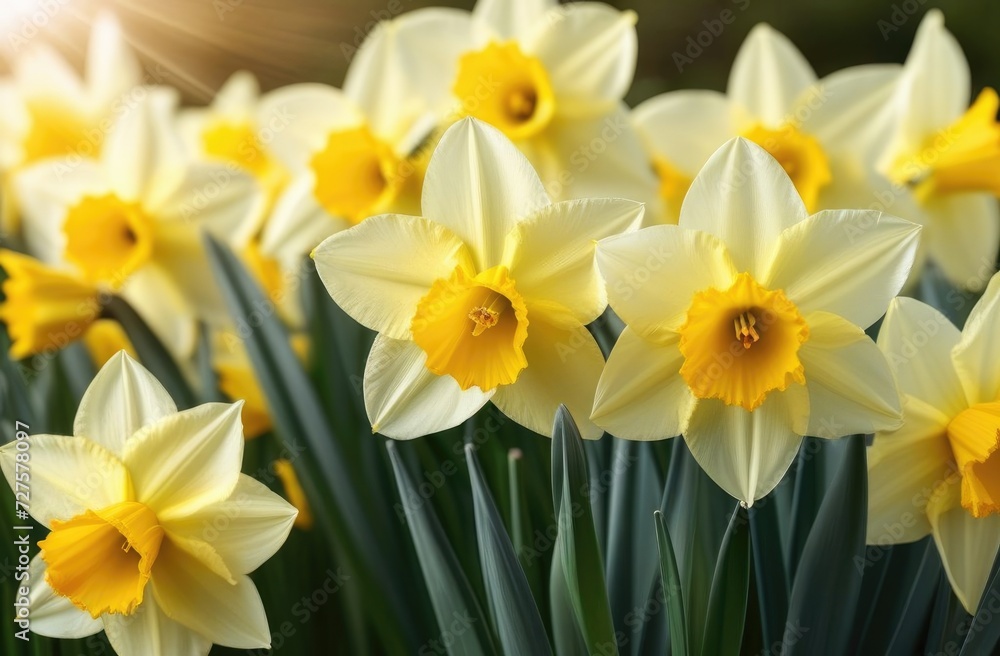 Spring flowers,daffodils on blue background, flowers and green leaves Spring flowers,daffodils on blue background, flowers and green leaves