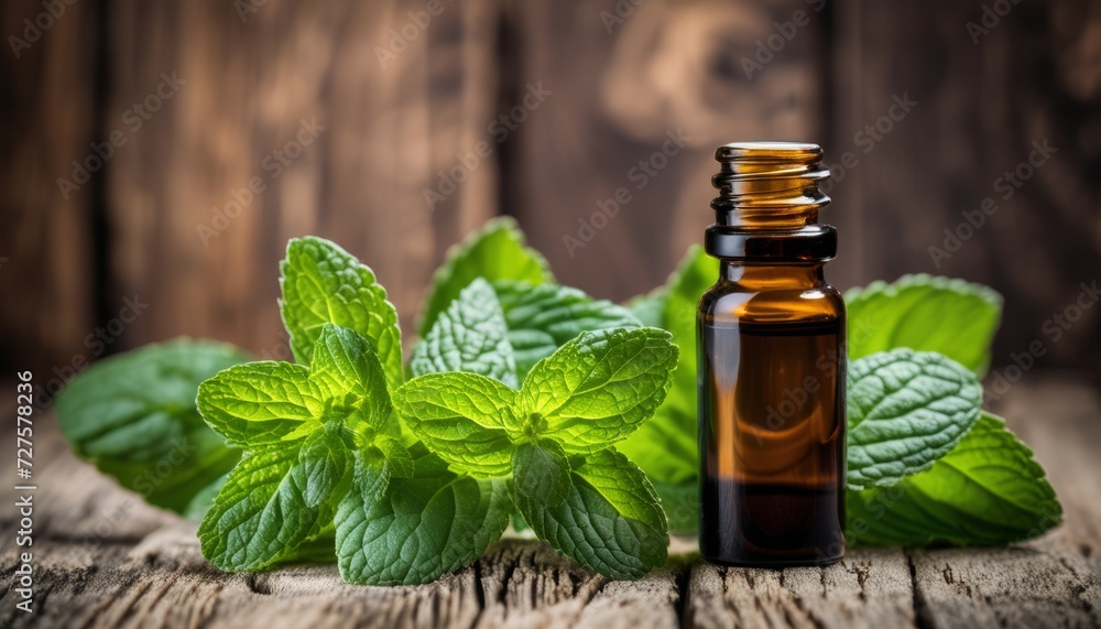 A bottle of mint oil with a green mint leaf on top A bottle of mint oil with a green mint leaf on top