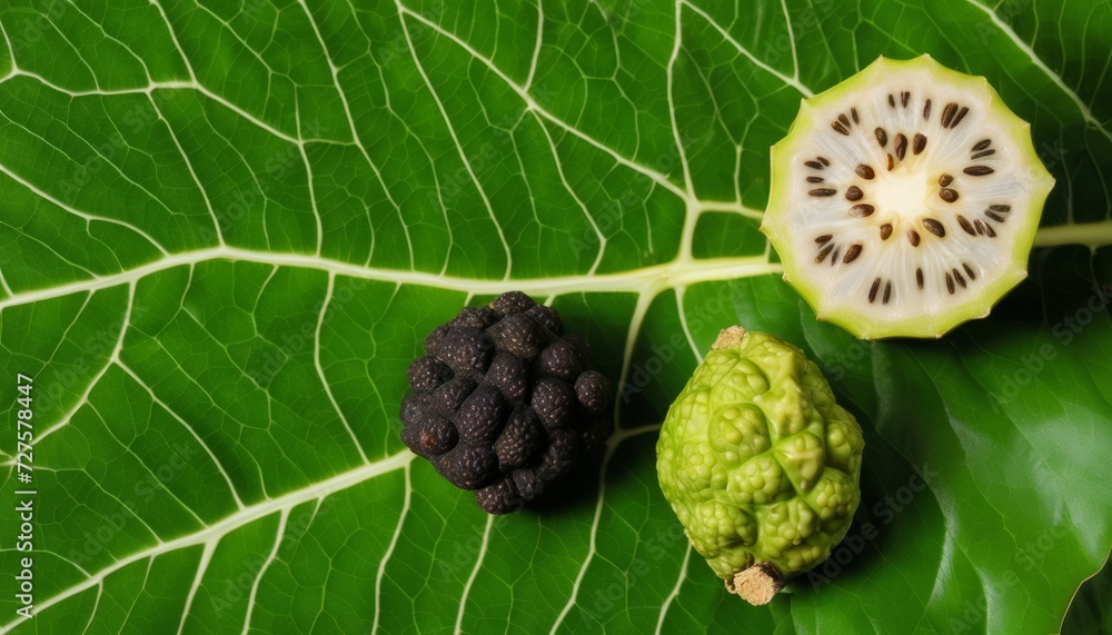A green leaf with a black fruit and a green fruit on it A green leaf with a black fruit and a green fruit on it