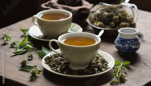 Two cups of tea and a bowl of herbs on a wooden table