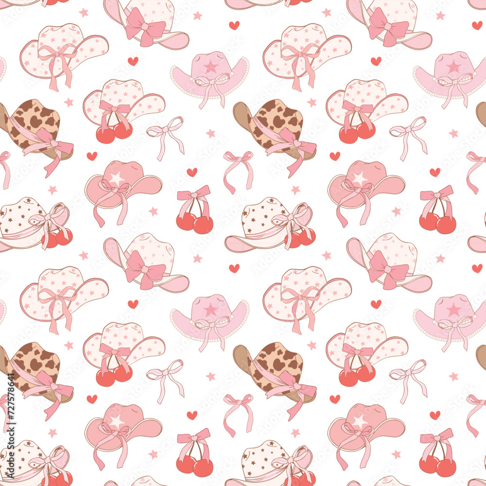 Coquette Pink cowgirl hat pattern seamless, Girly Western Digital Paper isolated on white background.