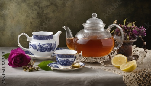 A table with a teapot, tea cups, and lemon slices